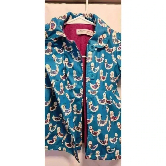 Minoti Toddler Fleece Lined Rain Coat Size 1-2yrs Blue With Paisley Birds Button - Picture 3 of 9